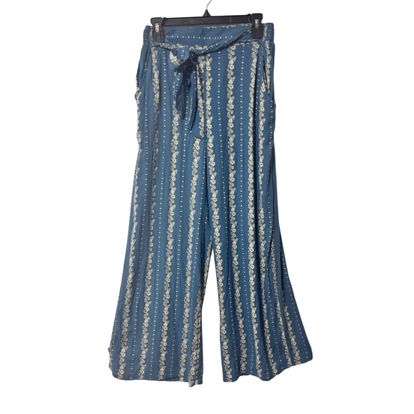 Angie Pants - Angie Womens Blue Floral Stripe Wide Leg Smocked Back Tie Waist Pants Size M NEW